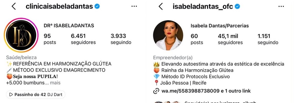 Perfis nas redes sociais da clínica e da suspeita — Foto: Reprodução/TV Cabo Branco 
