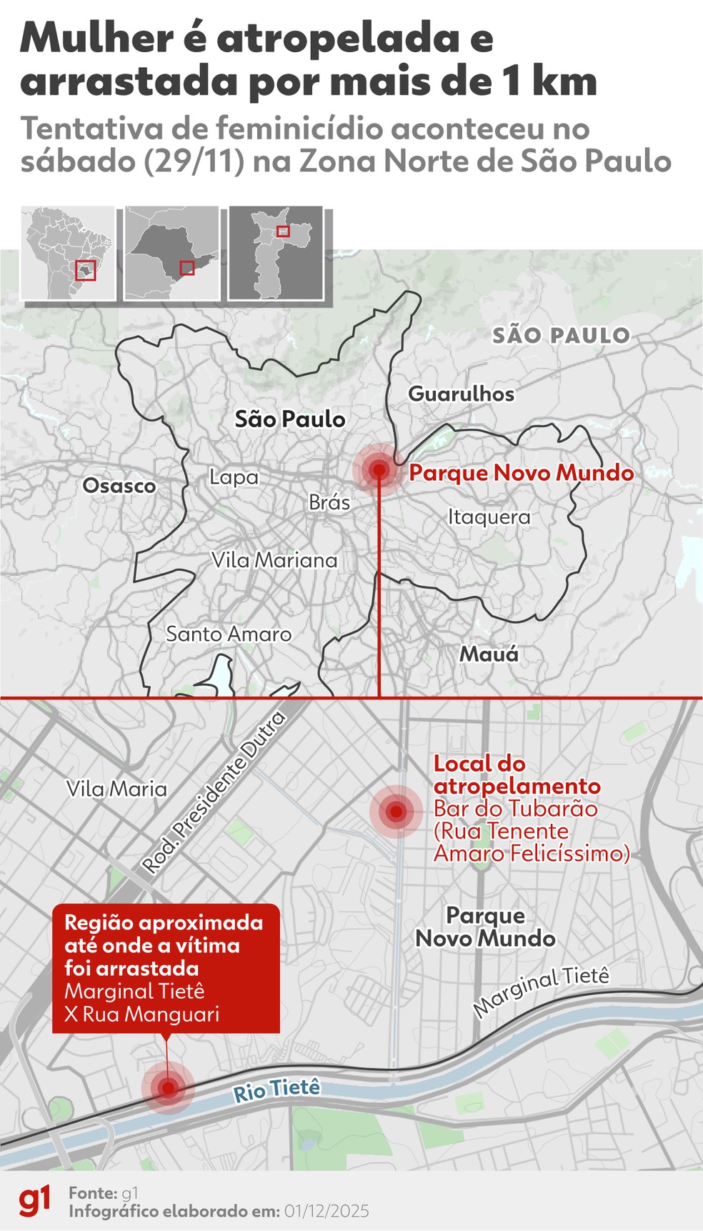 Mapa mostra onde mulher foi atropelada e arrastada em SP — Foto: Arte/g1