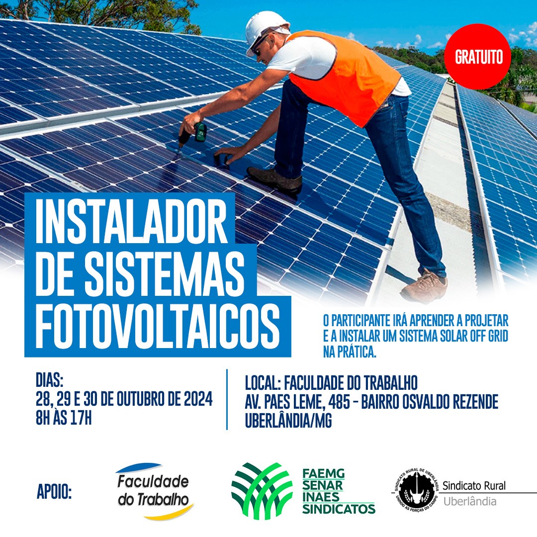 Inscrições abertas para o curso de instalador de sistemas fotovoltaicos 