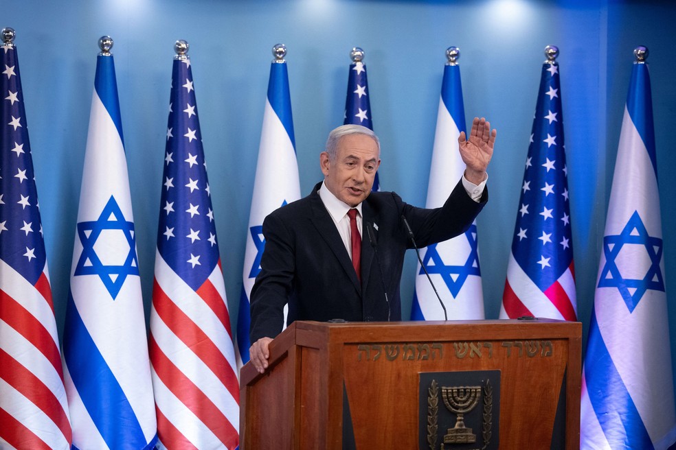 O primeiro-ministro de Israel, Benjamin Netanyahu, em pronunciamento em Jerusalém no dia 28 de setembro de 2023 — Foto: Chaim Goldber/Reuters