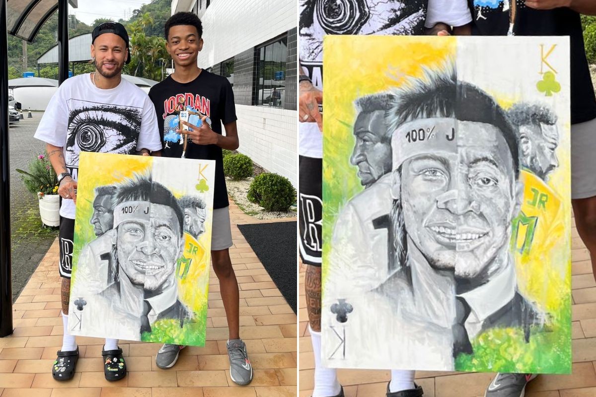 Artista de 16 anos pinta quadro de Neymar e Pelé e presenteia jogador no CT do Santos FC: 'Humildade'; VÍDEO