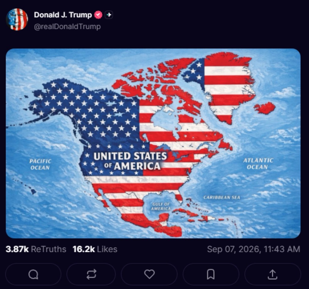 Presidente americano publicou uma imagem em que toda a América do Norte e a Groenlândia aparecem com a bandeira dos Estados Unidos. — Foto: Reprodução/Truth Social/@realDonaldTrump