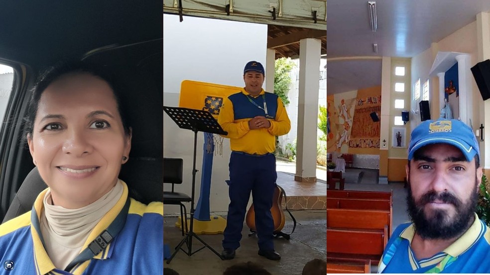 Da direita para a esquerda: Mharcia na rota de entregas; Junio em uma palestra; Mezenga fazendo entregas em uma igreja — Foto: Acervos pessoais/Reprodução