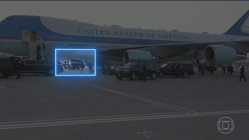 Trump deixou o Air Force One e fez um voo secreto para escapar de uma ameaça de ataque do Irã contra o avião presidencial dos Estados Unidos. — Foto: Jornal Nacional/ Reprodução