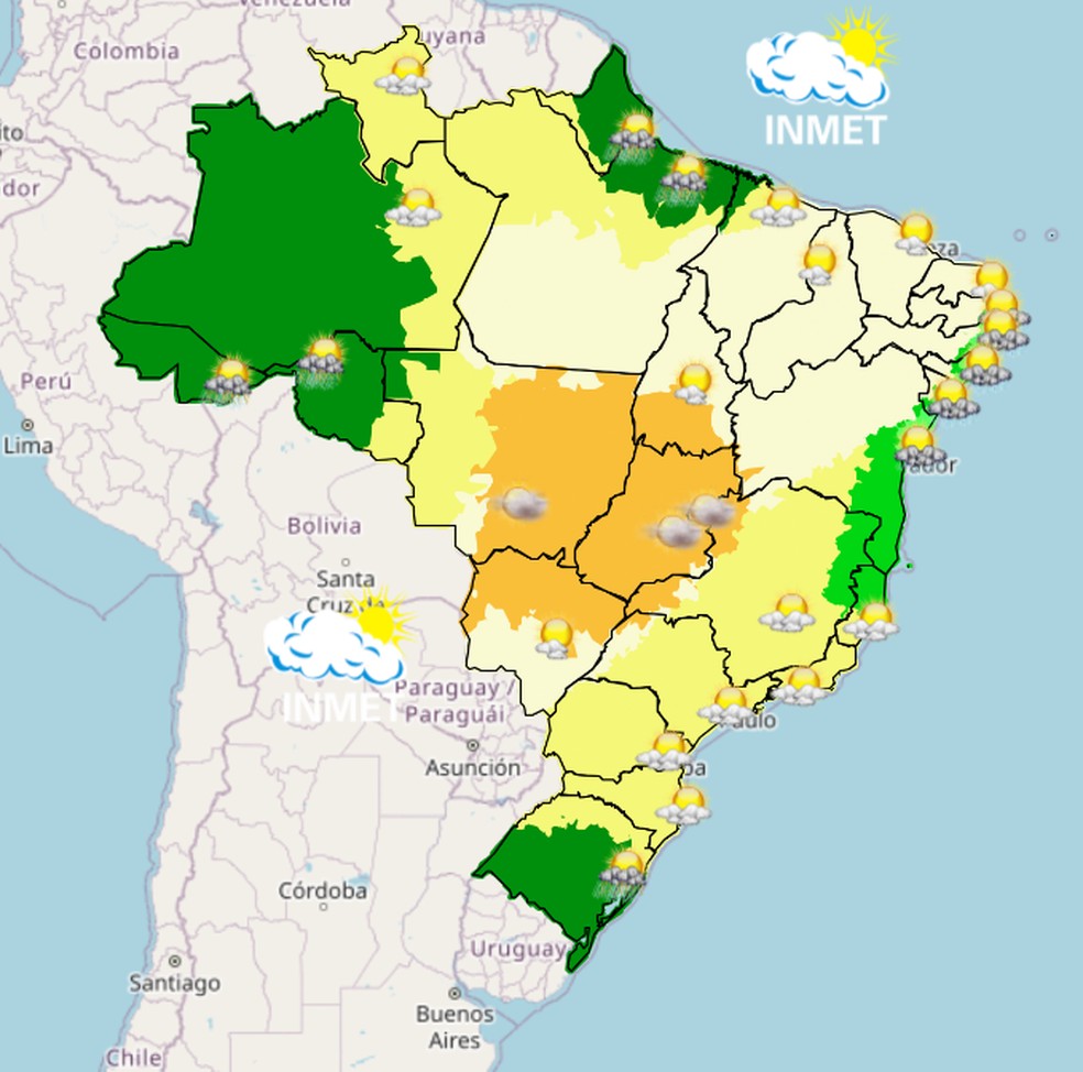 Mapa mostra previsão de chuva para esta terça (02) em todo o Brasil. — Foto: Inmet/Reprodução