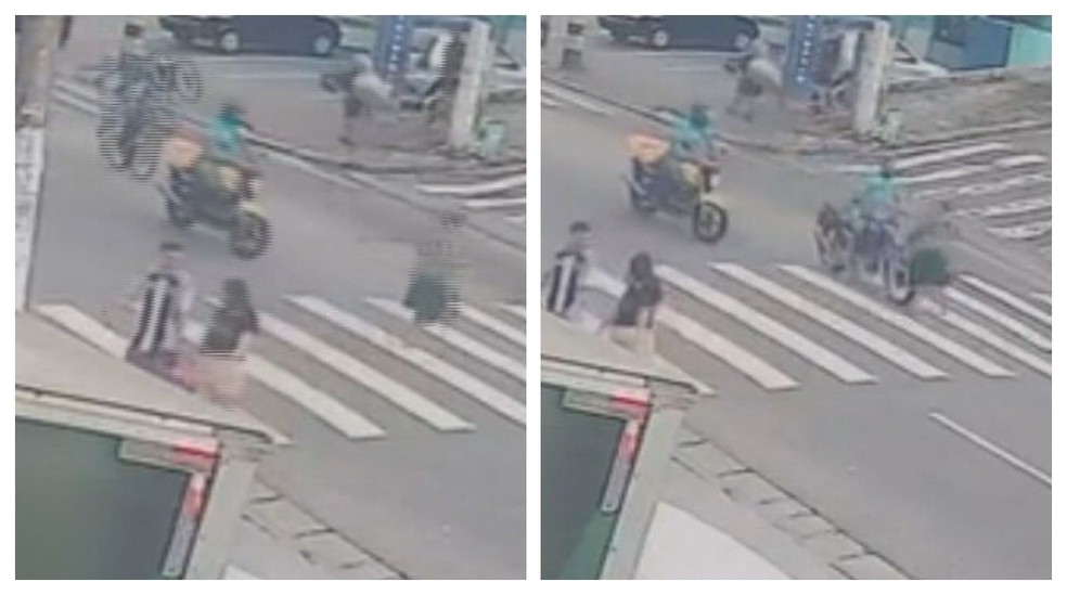 Motociclista empinando moto atropela mulher na faixa de pedestres e foge sem prestar socorro na Zona Sul de SP — Foto: Reprodução/TV Globo