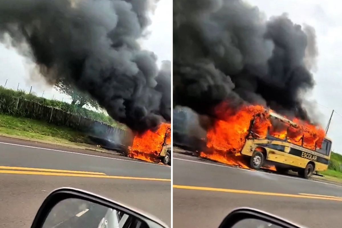 Micro-ônibus escolar pega fogo em rodovia do interior de SP; ninguém se feriu