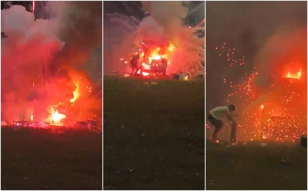 Sequência mostra explosões de fogos de artifício dentro de carro — Foto: Arquivo pessoal