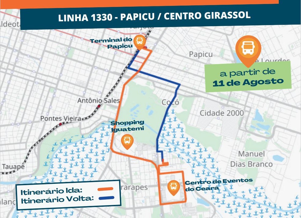 Confira itinerário da nova linha de ônibus 1330 - Papicu/Centro Girassol — Foto: Reprodução