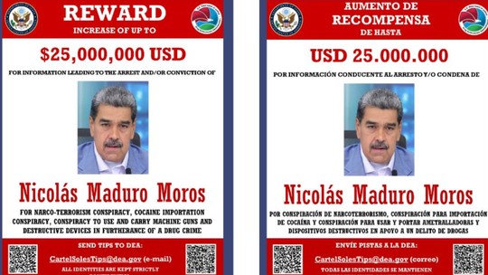 Departamento dos EUA divulga recompensa de US$ 25 milhões por informações que levem à prisão ou condenação de Maduro
