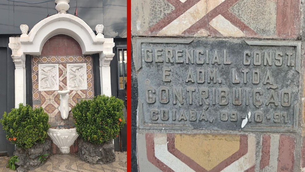 A bica da Prainha fica na fachada de uma loja de cabelos. A única identificação visível é o nome da construtora responsável pela intervenção no espaço. — Foto: Fernanda Deamo