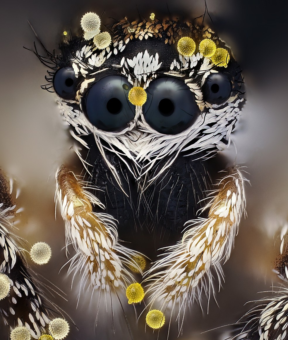 2º lugar: Aranha-saltadora (Salticus scenicus) aparece coberta de grãos de pólen. — Foto: John-Oliver Dum/Nikon Small World