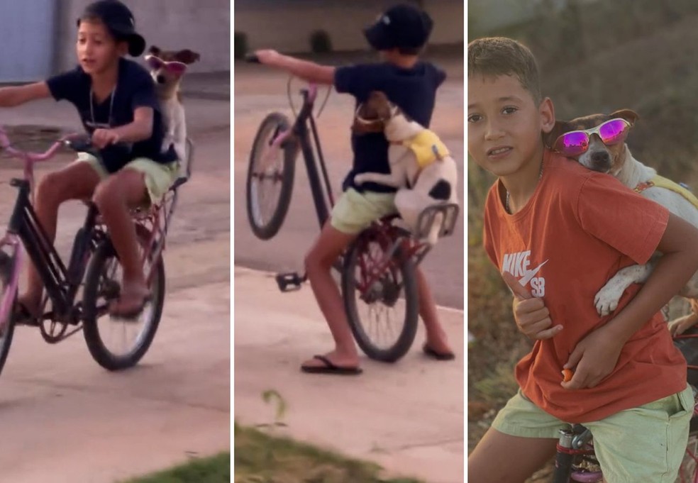 Menino de 9 anos viraliza após vídeo dando ‘grau’ de bicicleta com cachorrinha na garupa: ‘Nunca me abandona’