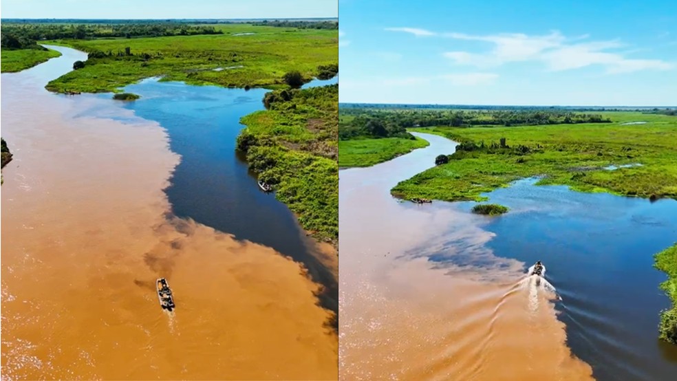 Rios com cores distintas formam linha visível no encontro das águas; fenômeno pode durar por quilômetros. — Foto: Bruno Girtott/ Pescadores MS