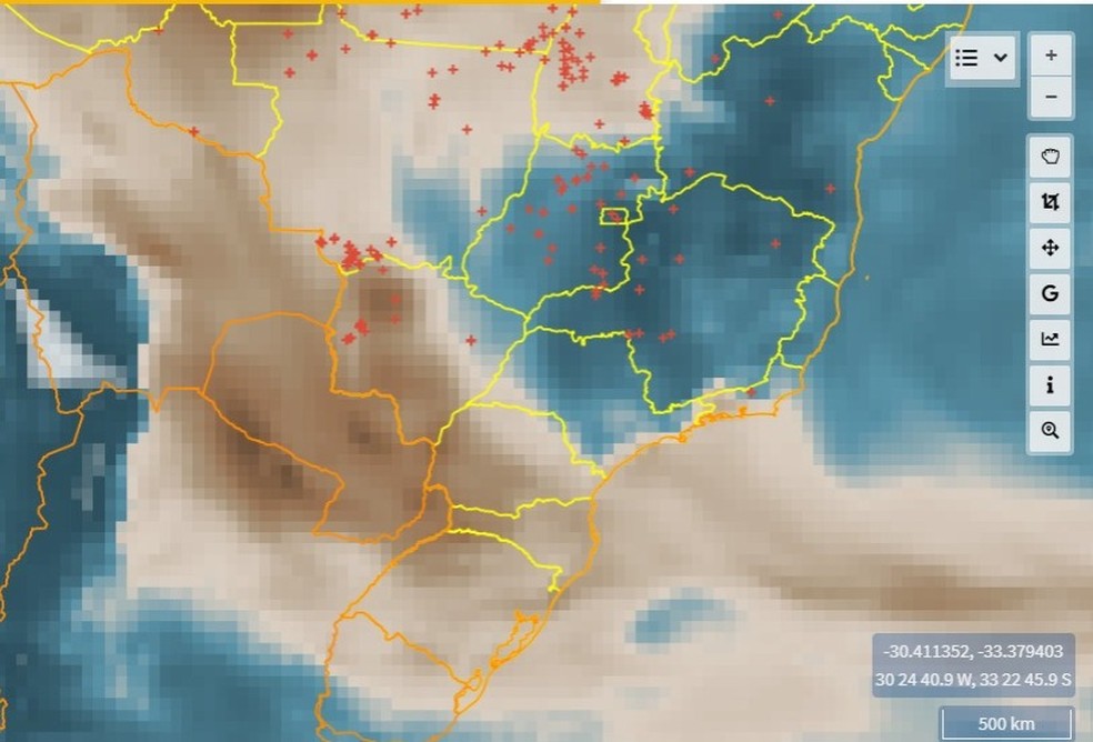 Fumaça do Pantanal se espalha pelo Brasil e até para outros países. — Foto: Programa Queimadas-INPE/Reprodução