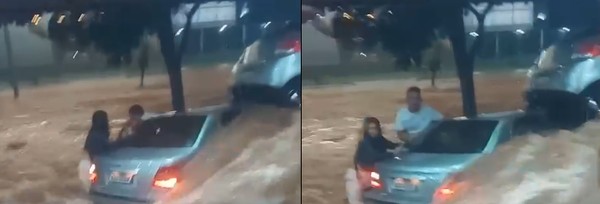 Casal fora do carro momentos antes da mulher ser arrastada — Foto: Reprodução