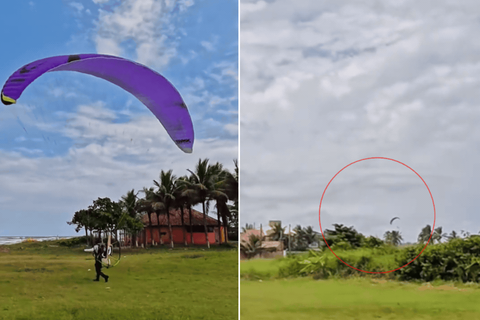 Vídeo mostra piloto de paramotor caindo em quintal de casa após pane elétrica no litoral de SP; ASSISTA