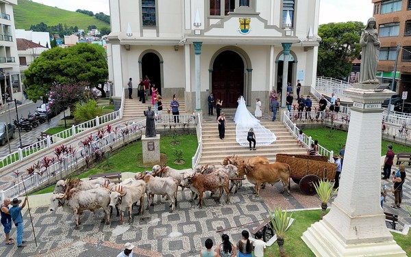 Noiva chega de carro de boi ao casamento e viraliza ao valorizar raízes no campo em Santa Rita do Sapucaí