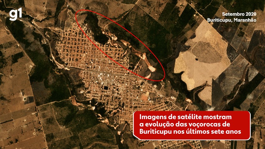 Imagens de satélite mostram a evolução das voçorocas de Buriticupu nos últimos sete anos 