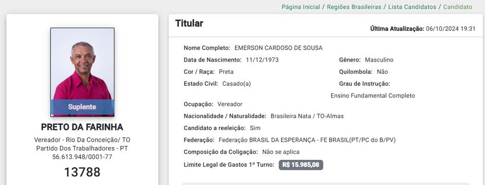 Preto da Farinha foi eleito suplente em Rio da Conceição — Foto: Reprodução/TSE