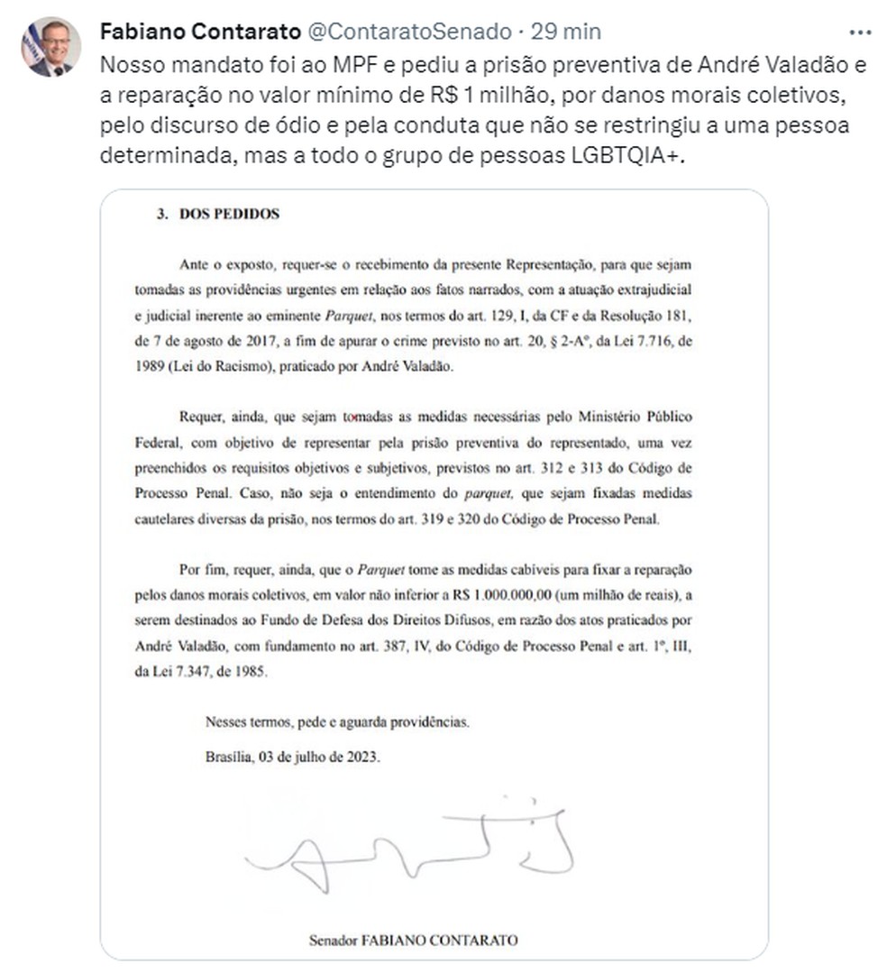 O senador Fabiano Contarato (PT-ES) também disse no Twitter que foi ao MPF e pediu a prisão preventiva de André Valadão e a reparação no valor mínimo de R$ 1 milhão — Foto: Reprodução/Twitter