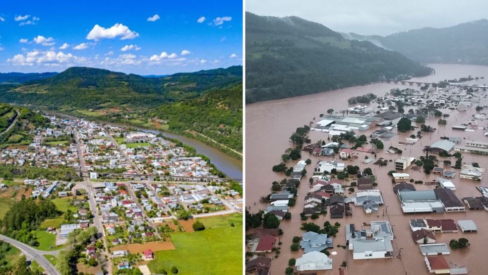 Imagem aérea da cidade de Muçum antes e depois de enchentes — Foto: g1