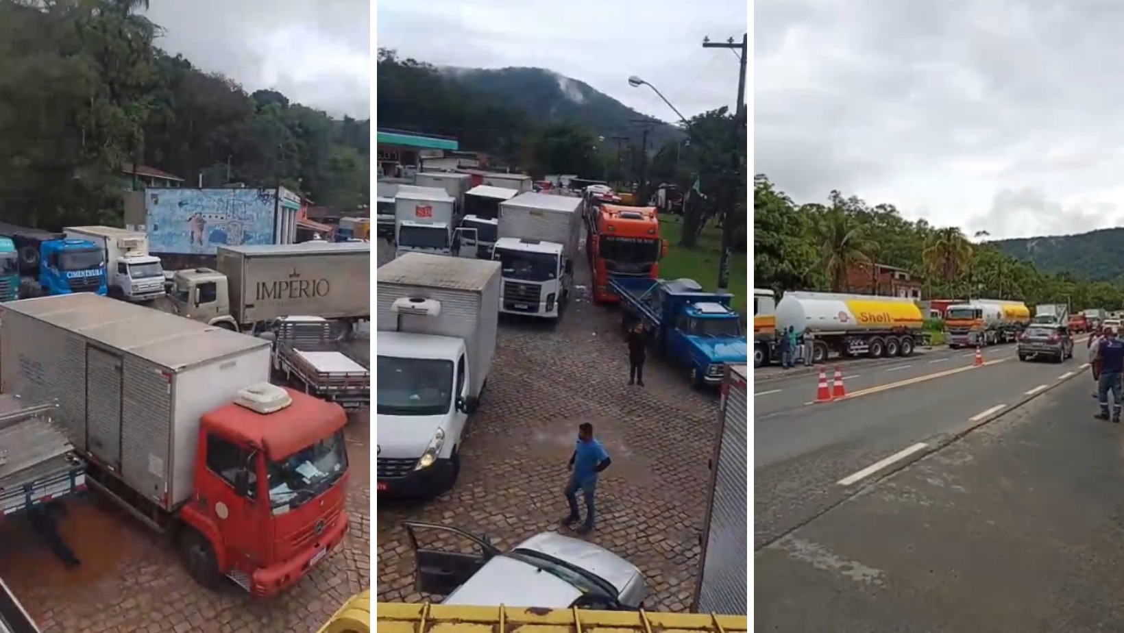 Dezenas de caminhões ficam parados às margens da ponte do Rio Maranduba, em Ubatuba; VÍDEO