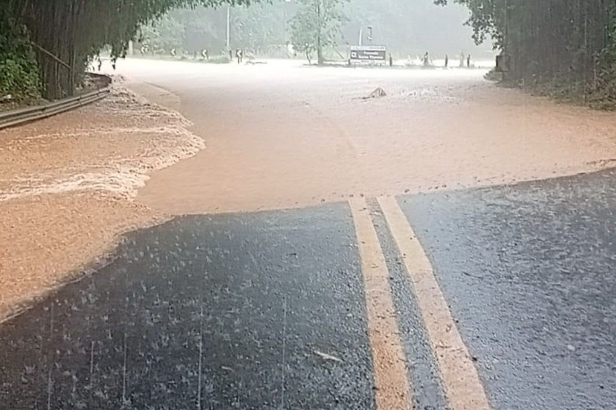 Chuva forte alaga rodovia em Socorro e faz córrego extravasar e inundar ruas em Serra Negra