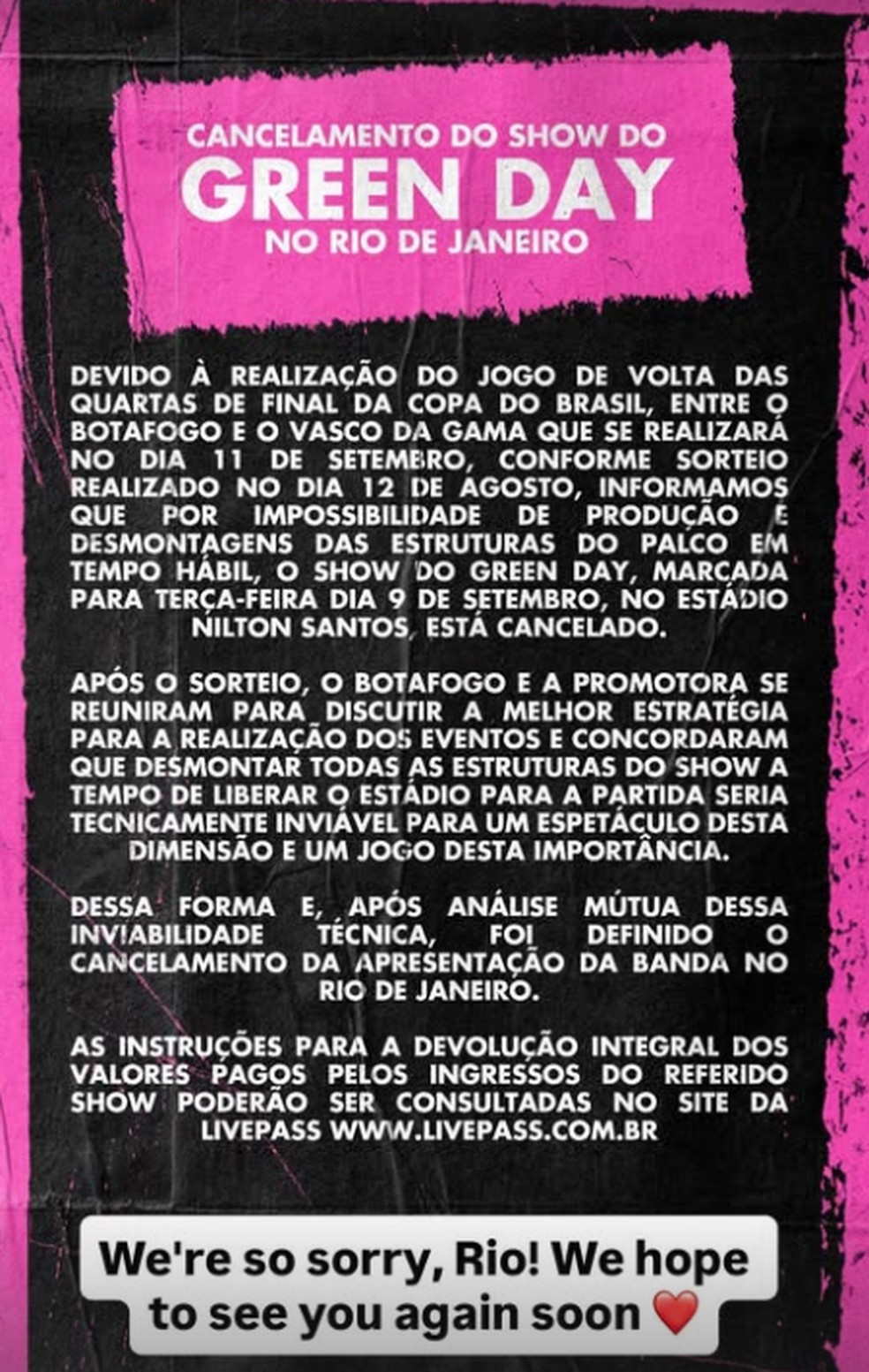 Green Day cancela show no Rio de Janeiro por conflito com jogo da Copa do Brasil — Foto: Reprodução/Instagram