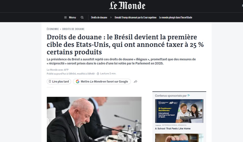 Reportagem do jornal Le Monde, da França, sobre tarifas de 25% impostas pelos EUA ao Brasil em 16 de julho de 2026. — Foto: Reprodução/Le Monde
