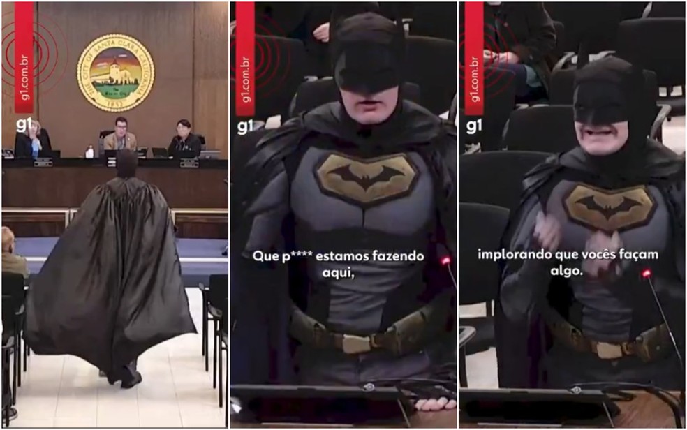 Homem fantasiado de Batman 'invade' prefeitura na Califórnia para protesta contra oICE — Foto: Reprodução/Reuters