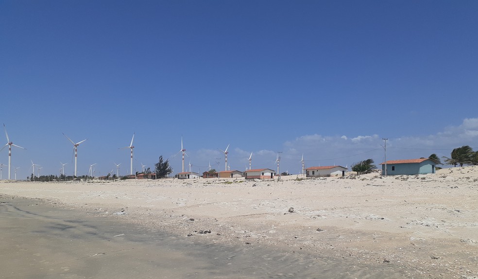 Parque eólico foi instalado próximo a comunidade de pescadores no litoral do Ceará — Foto: Giovanna de Castro Silva/Reprodução