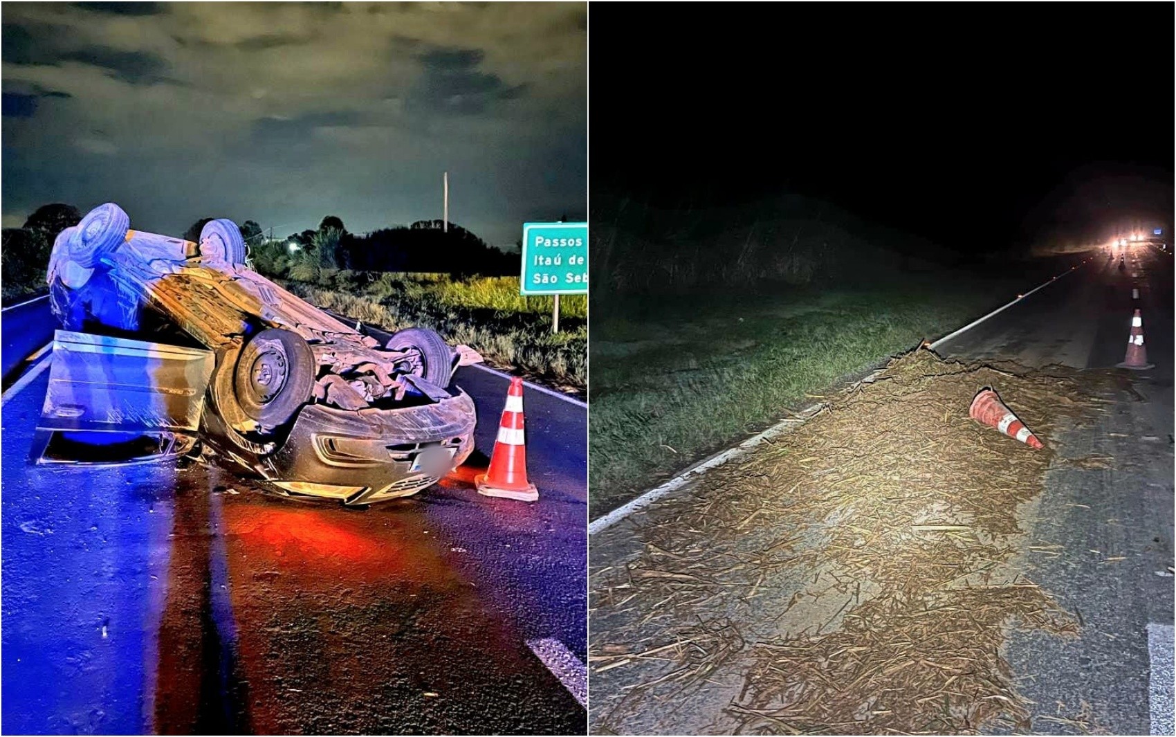 Carga de cana na pista provoca capotamento e deixa família ferida na MG-050, em Passos; veja outras ocorrências