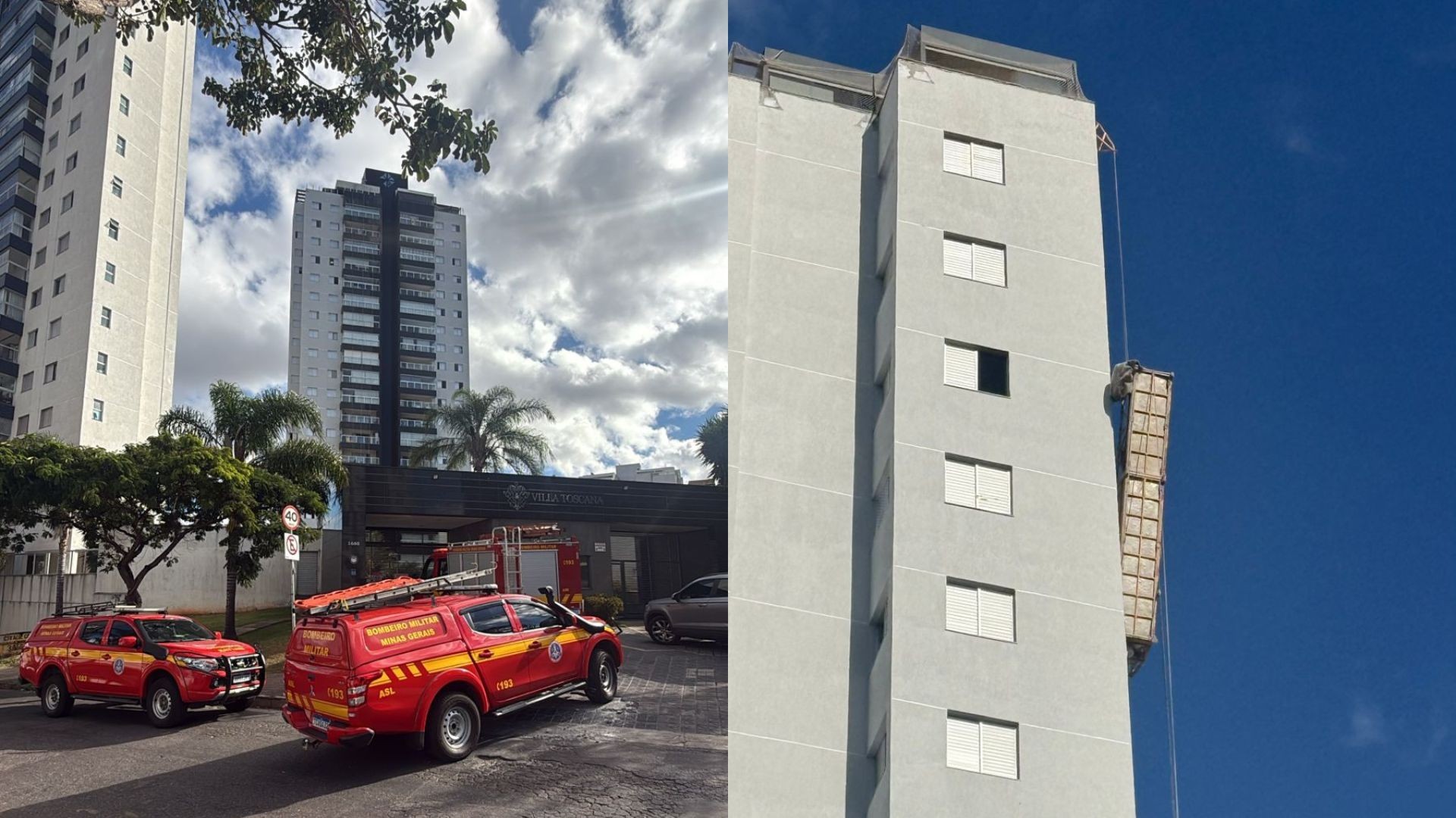 Trabalhadores ficam dependurados em 16º andar de prédio de BH após cabo de andaime se romper; VÍDEO