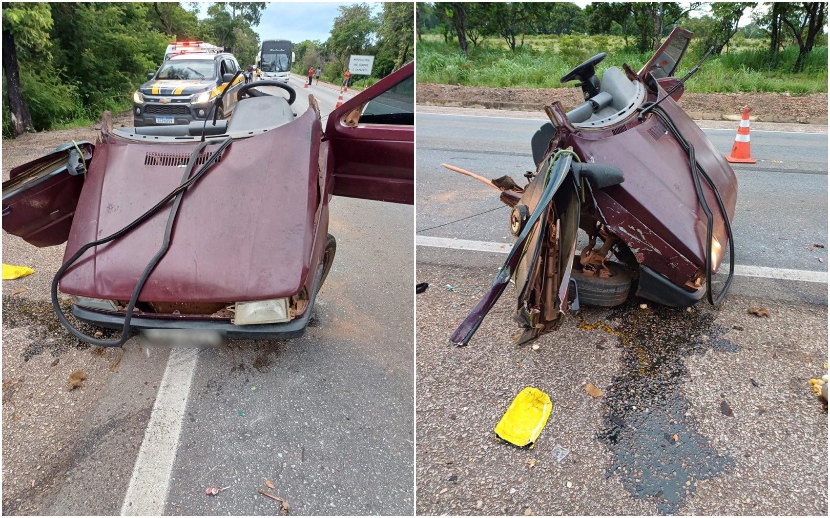 Acidente mata duas crianças, deixa pai gravemente ferido e parte carro ao meio na BR-153