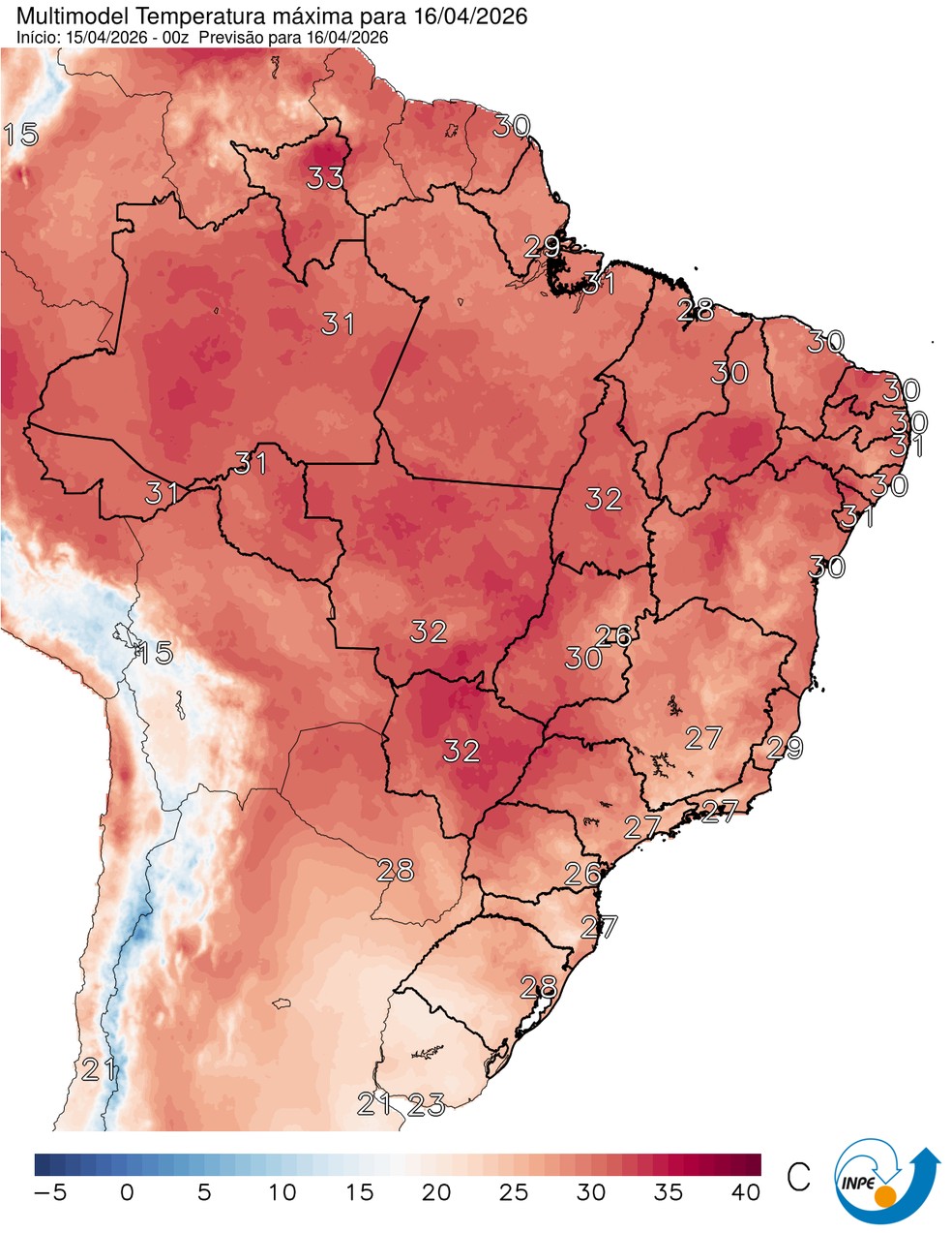 Mapa mostra previsão de temperatura máxima para esta quinta (16). — Foto: CPTEC/Inpe