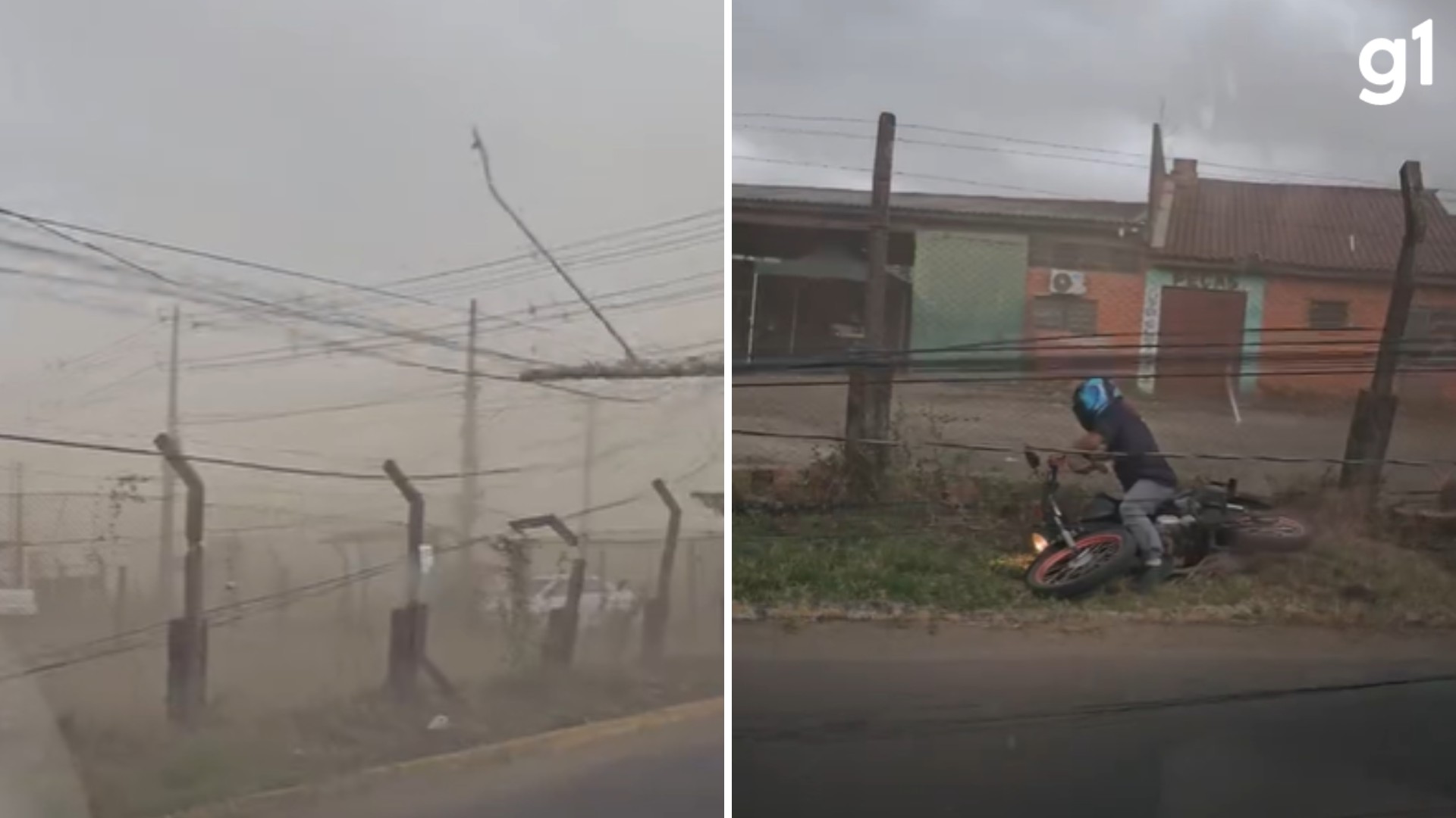 VÍDEO: Poste cai com ventos de 85 km/h e fios derrubam motociclista no RS