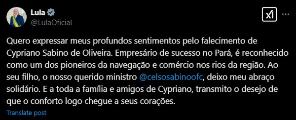 Lula faz publicação de pesar após morte de pai do ministro Celso Sabino. — Foto: Reprodução / X