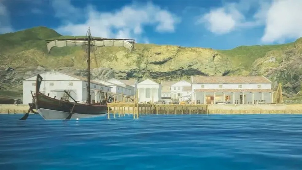Os passeios por Aenaria começam com um vídeo que mostra uma reconstrução em 3D da cidade portuária. — Foto: Alessandra Benini via BBC