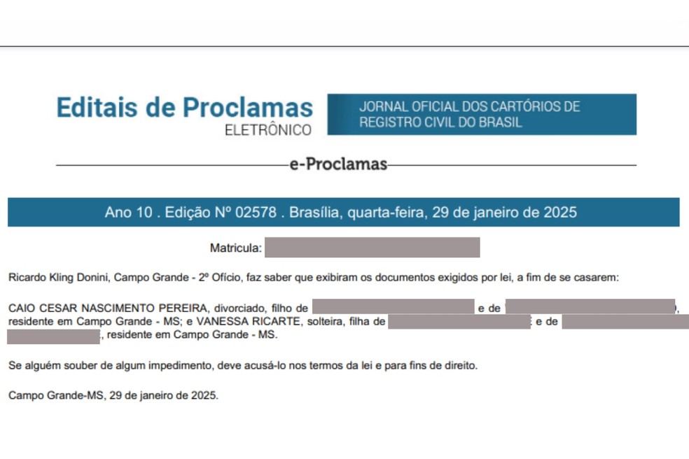 Documento mostra início do processo de casamento de Caio e Vanessa. — Foto: Reprodução/Proclamas