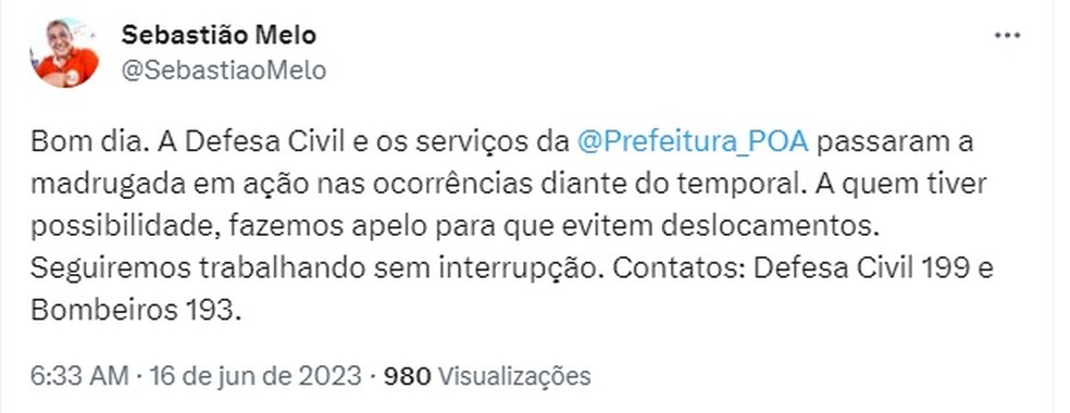 Sebastião Melo, prefeito de Porto Alegre, pede que moradores fiquem em casa durante ciclone — Foto: Reprodução/Twitter