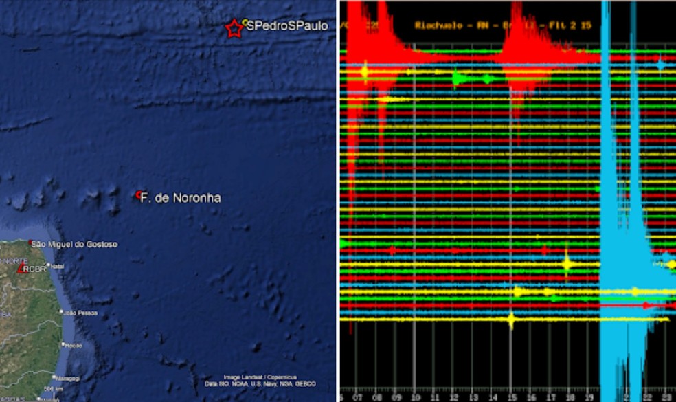 Estrela mostra localização do primeiro terremoto; ao lado gráfico mostra registros dos dois eventos — Foto: Labsis/UFRN