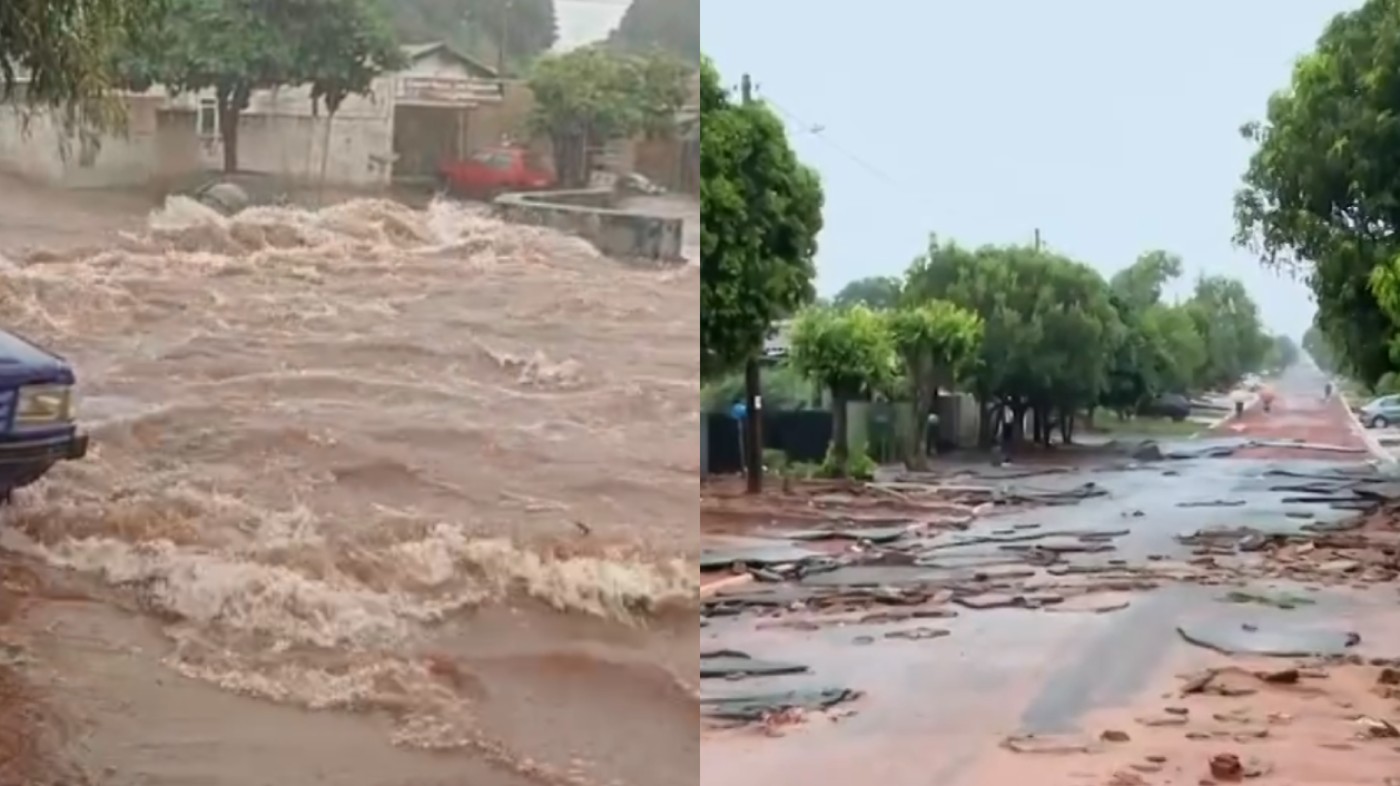 Ruas viram 'rios' e água arranca asfalto em cidade do Paraná atingida por temporal