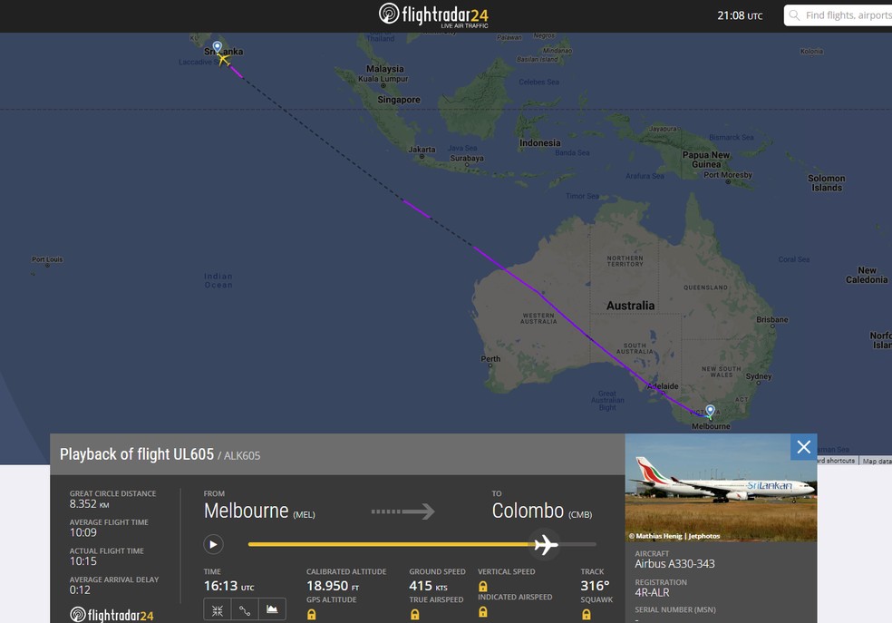 Rota do voo da SriLankan Airlines, entre Sydney, na Austrália, e Colombo, no Sri Lanka, em 14 de outubro de 2024. — Foto: Reprodução/Flightradar24