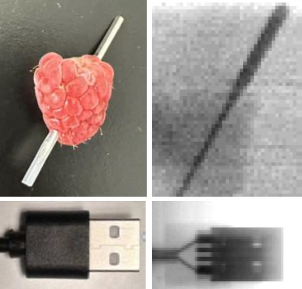 O novo detector de raios X gera uma radiografia de alta qualidade, mostrando uma agulha de metal (canto superior direito) e o interior de um USB (canto inferior direito), com doses menores de radiação. — Foto: Adapted from ACS Central Science 2024, DOI: https://doi.org/10.1021/acscentsci.4c01296