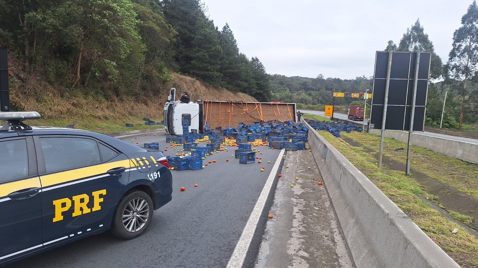 BR-376: Pista é totalmente liberada após caminhão carregado com tomates tombar na rodovia