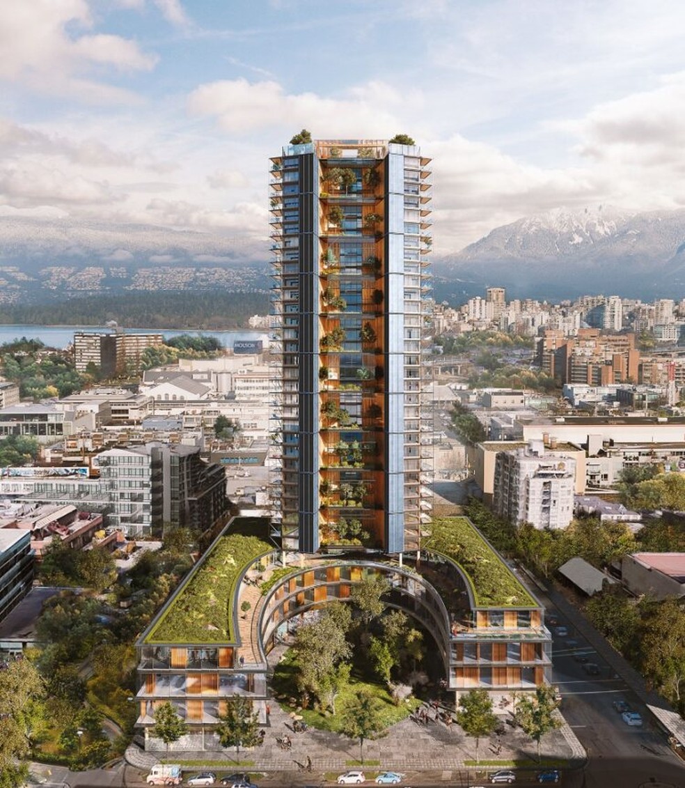 Torre de madeira de mais de cem metros de altura está sendo construída no Canadá, em Vancouver — Foto: Divulgação/Perkins Will