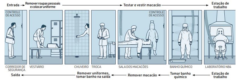 Ilustração mostra as etapas que um pesquisador deve cumprir para entrar e sair de um ambiente de máxima biossegurança. — Foto: Reprodução CNPEM