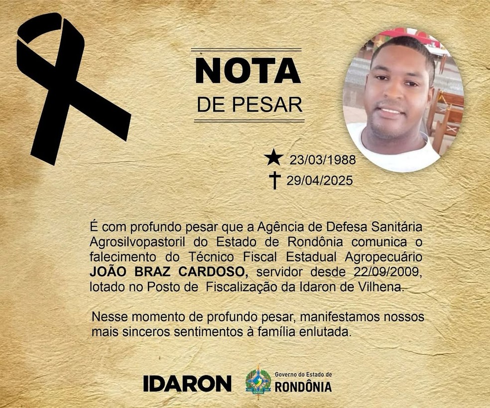 Nota de pesar da Idaron — Foto: Reprodução/redes sociais