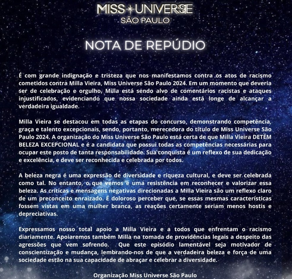 Nota de repúdio da organização do Miss Universe São Paulo — Foto: Reprodução